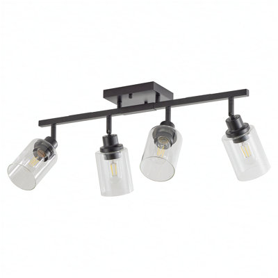 Plafonnier sur rail 4 lumières avec abat-jour en verre transparent, plafonnier semi-encastré noir moderne, plafonnier rotatif pour couloir de cuisine (ampoule non incluse)