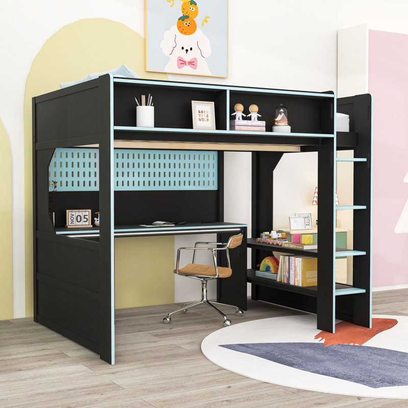 Lit mezzanine avec tablette et tablettes Gaming, Full, Black/Blue