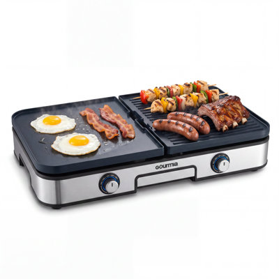 Gourmia 3-in-1 Indoor Grill & Griddle with PFAS-Free Ceramic Plates, Dual Temperature Zones & 28” Cooking Surface, Stainless Steel