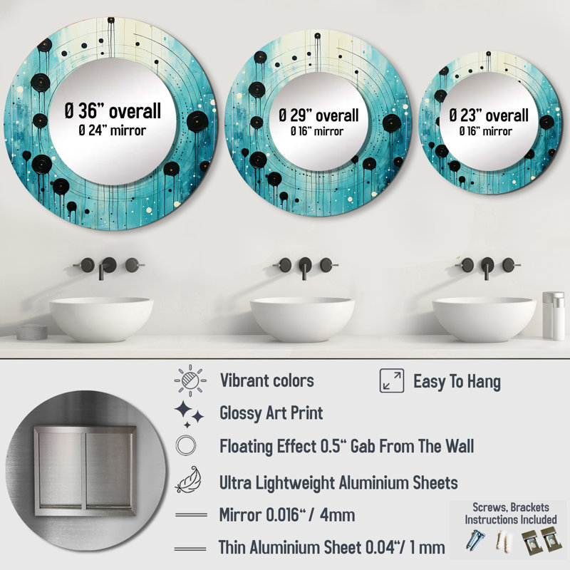Teal And Black Minimalism Moon III - Abstract Collages Round Mirror Wall Decor, 36" x 36"
