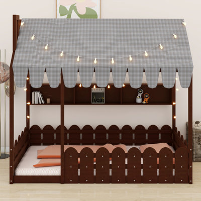 Lit pour tout-petit avec rampes de sécurité, tente, lumières et tablettes de rangement Montessori