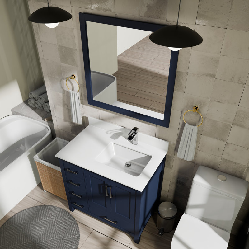 Jacques 36 in. W x 22 in. D Right Offset Bath Vanity, and 34 in. Mirror, Navy Blue, White Quartz