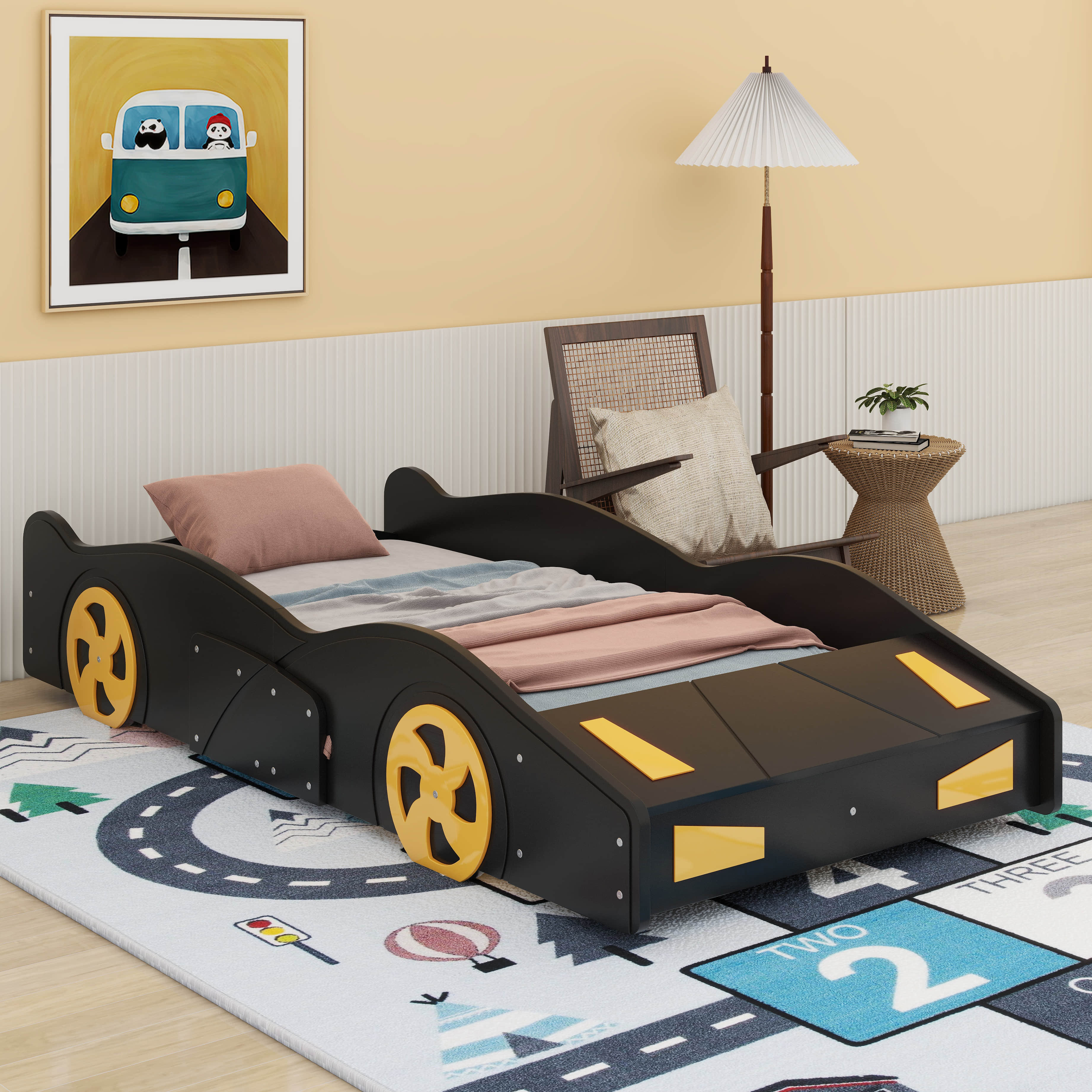 MERITLINE Race Car Bed Full Wooden Platform Bed Car Shaped Bed with Wheels  & Support Slats, Full Kid Beds for Kids Girls Boys Teens, No Spring