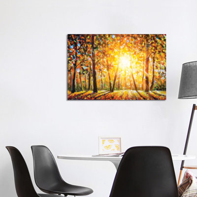 Autumn Forest Landscape with Sun Rays and Colorful Autumn Leaves 1 Piece Wrapped Canvas Painting