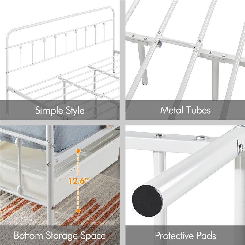 White King Metal Platform Bed with High Headboard and Slats