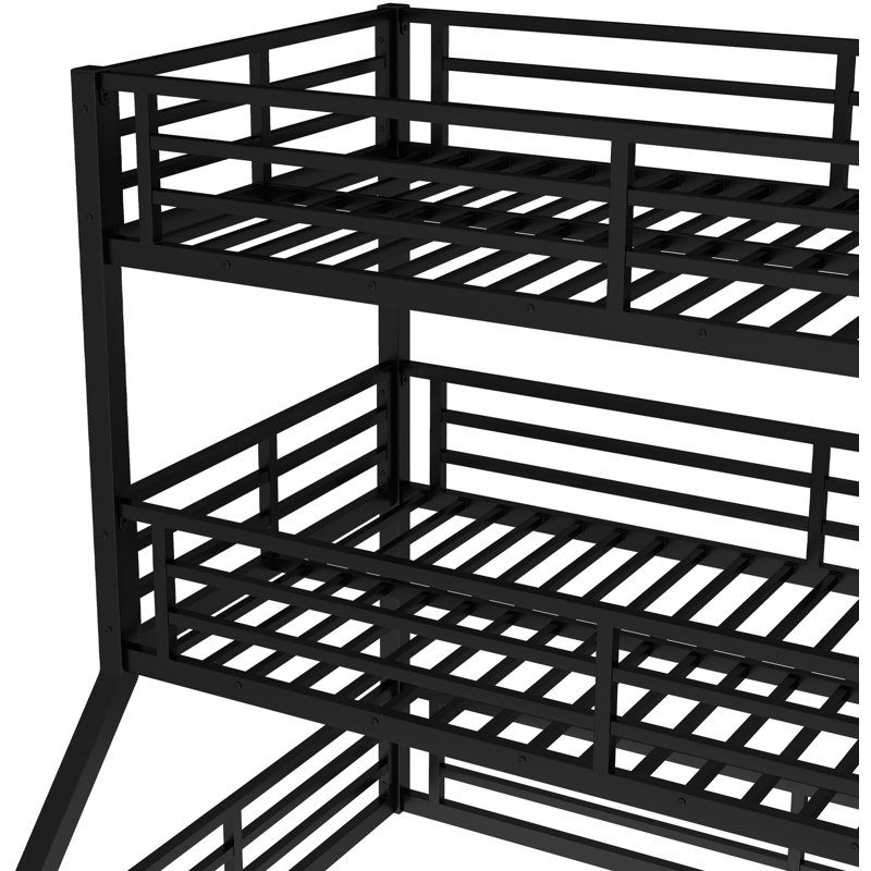 Bunk Bed, Metal Triple Bunk Bed with Safety Guardrails, Heavy-duty Bunk Bed with Noise-reduced Design, Black