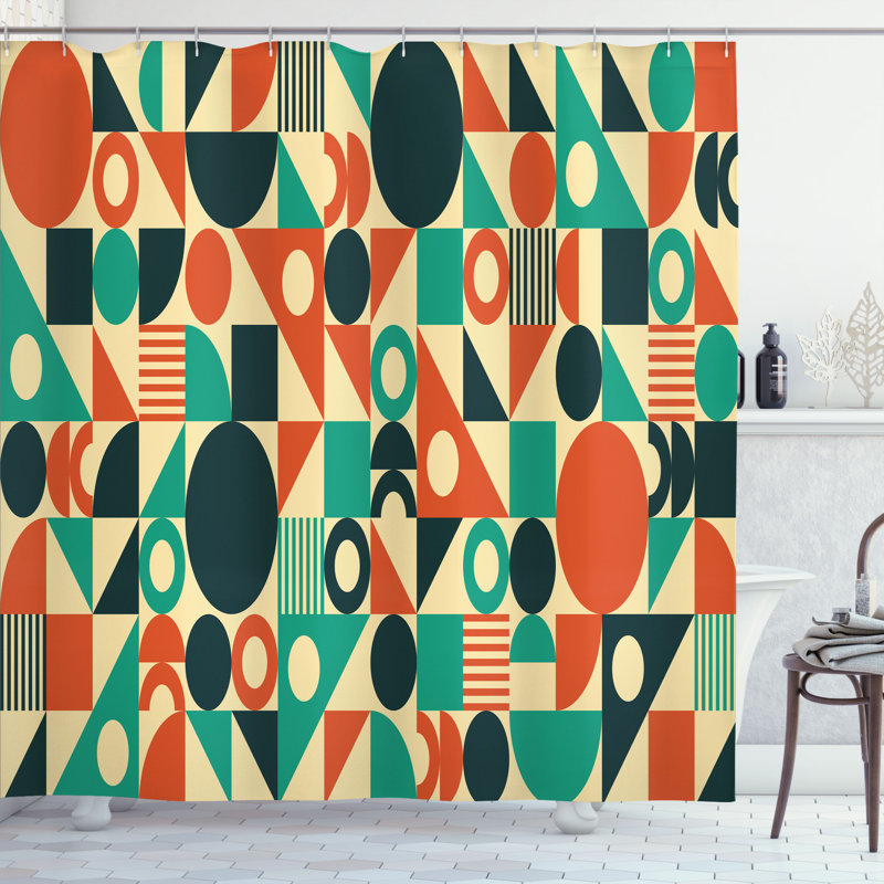 East Urban Home Retro Shower Curtain Circles Triangles Squares Multicolor, 70"H x 69"W