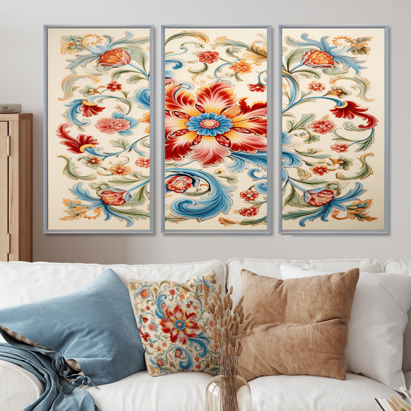 Floral Mosaic Tiles Ornamental I - Abstract Tile Wall Art Living Room Set, Silver Floater Framed, 32" H x 48" W x 1" D