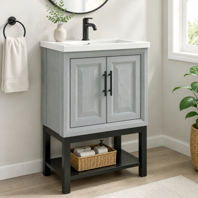 Meuble-lavabo simple 24 po avec lavabo en céramique, armoire MGO résistante à l'eau, portes à fermeture en douceur, installation facile, résistant aux intempéries pour l'intérieur et l'extérieur, hôtels, Airbnb