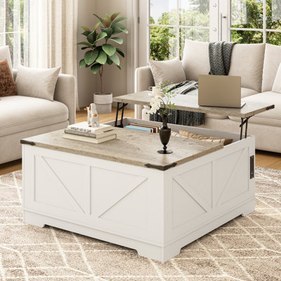 40” Large Farmhouse Lift Top Coffee Table with Power Outlets and Large Hidden Storage, Square Wood Living Room Table W/Large Hidden Space, Multi-Function Lift Wooden Barn Door Center Table, White/ Gray Top