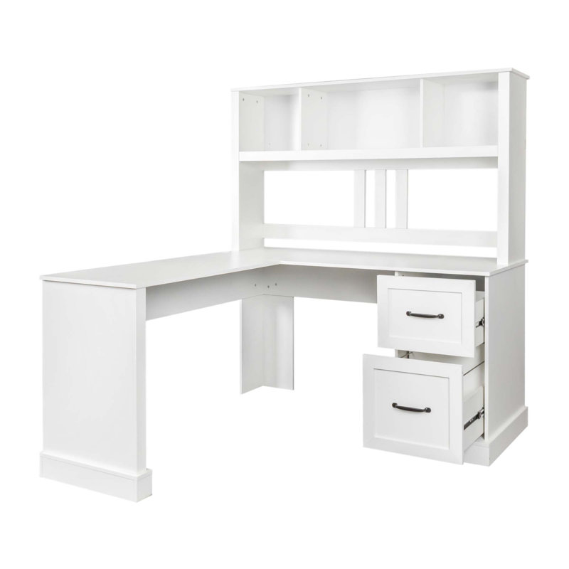 Bureau d'ordinateur à domicile avec 3 grands tiroirs et 2 tablettes ouvertes, Blanc