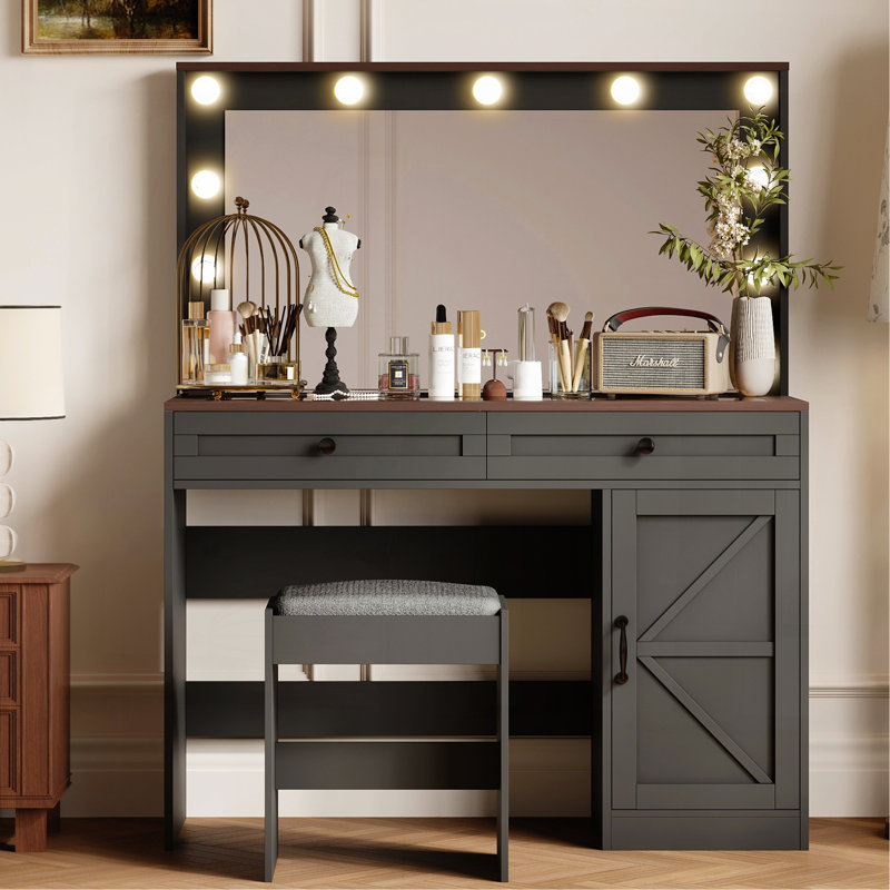 Coiffeuse 43,4 ", coiffeuse avec grand miroir et 11 lumières à DEL, luminosité réglable, coiffeuse avec 3 tiroirs, coiffeuse pour femme (noir avec tabouret)