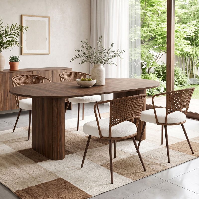 Ensemble de table de salle à manger à piédestal moderne 5 pièces avec 4 chaises rembourrées en rotin, Noyer, Noyer