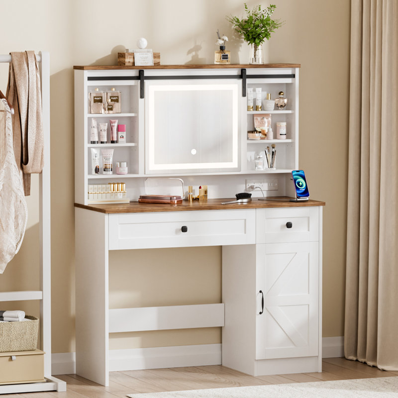 White Vanity With 4 Drawers & Shelves, 42.1'' Farmhouse Makeup Vanity Desk Featuring A Sliding Mirror And Lights, A Rustic Large Vanity Set Suitable For The Bedroom.