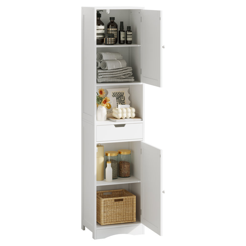 Grande armoire de salle de bain avec 2 portes, 1 tiroir et des tablettes réglables, parfaite pour les espaces étroits et le rangement organisé