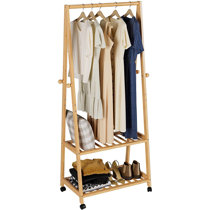 Rolling Bamboo Wooden Clothes Rail Coat Hat Hanger Garment Stand