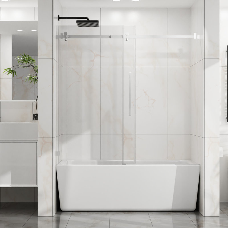 Bathtub Door, Tempered Clear Glass, Adjustable Width, Reversible Sliding, Splash - Proof, Silent Pulleys 56 60 In W 58 H, 1/4"  6Mm  , Proof Design, Rollers