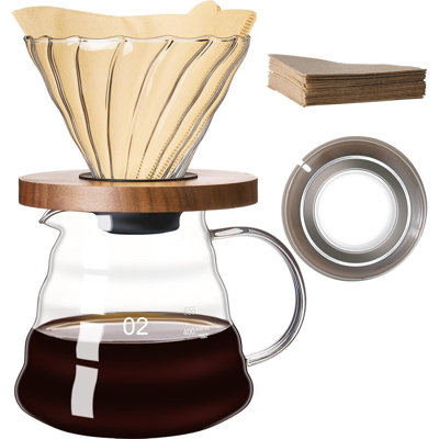 Ensemble de cafetière 20 oz en verre borosilicaté 20 oz - Base noyer avec 50 filtres V60