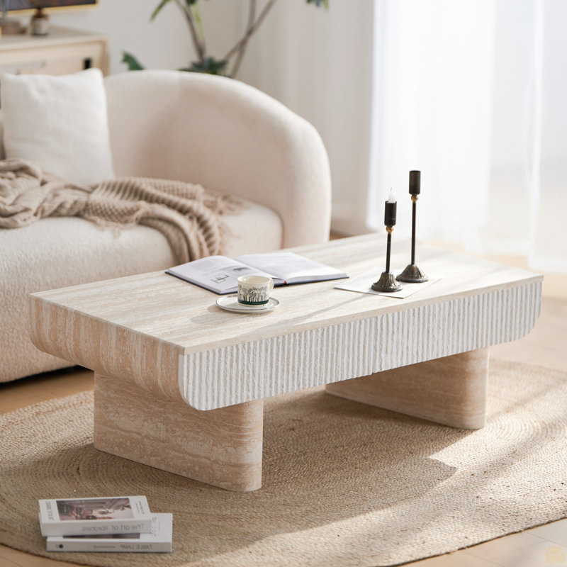 Table basse avec plateau en faux marbre, table basse avec tiroir cannelé, table basse
