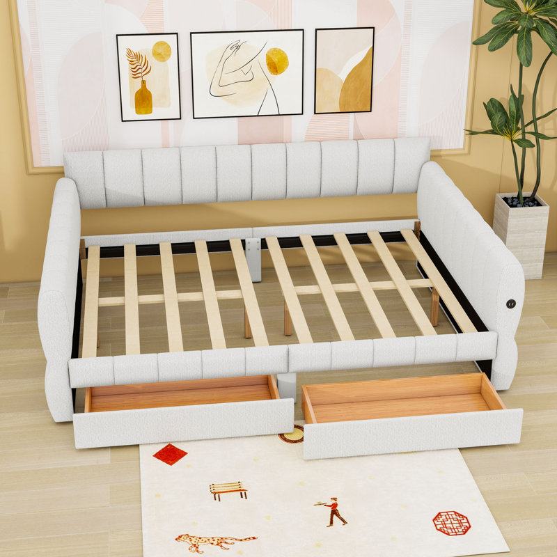 Queen Upholstered Daybed with USB Charging and Storage Drawers, White