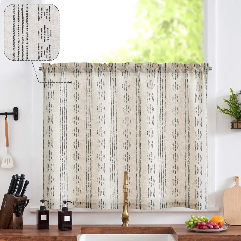 Rideau de cuisine Boho Linen, Noir / Beige, L 50 po x L 24 po