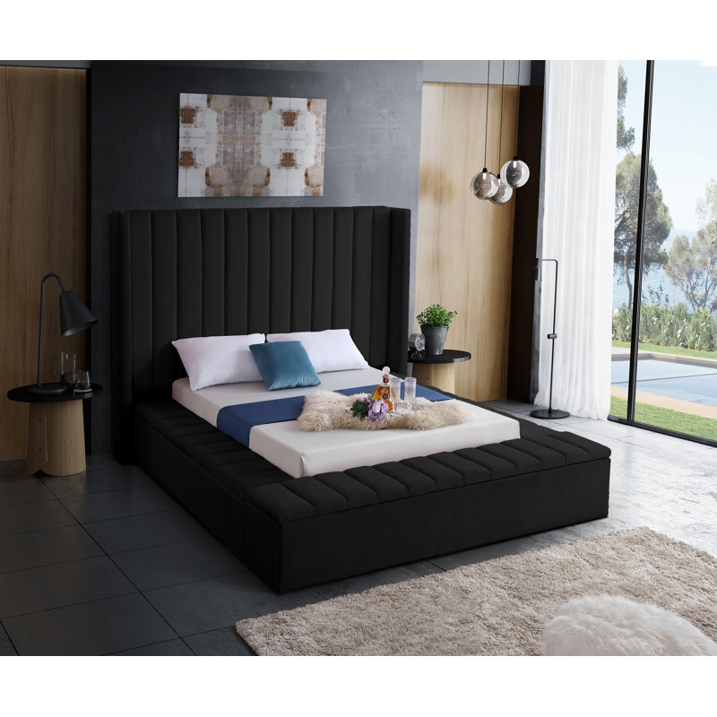 Lit plateforme tapissier avec rangement Rick, Velours noir, Très grand