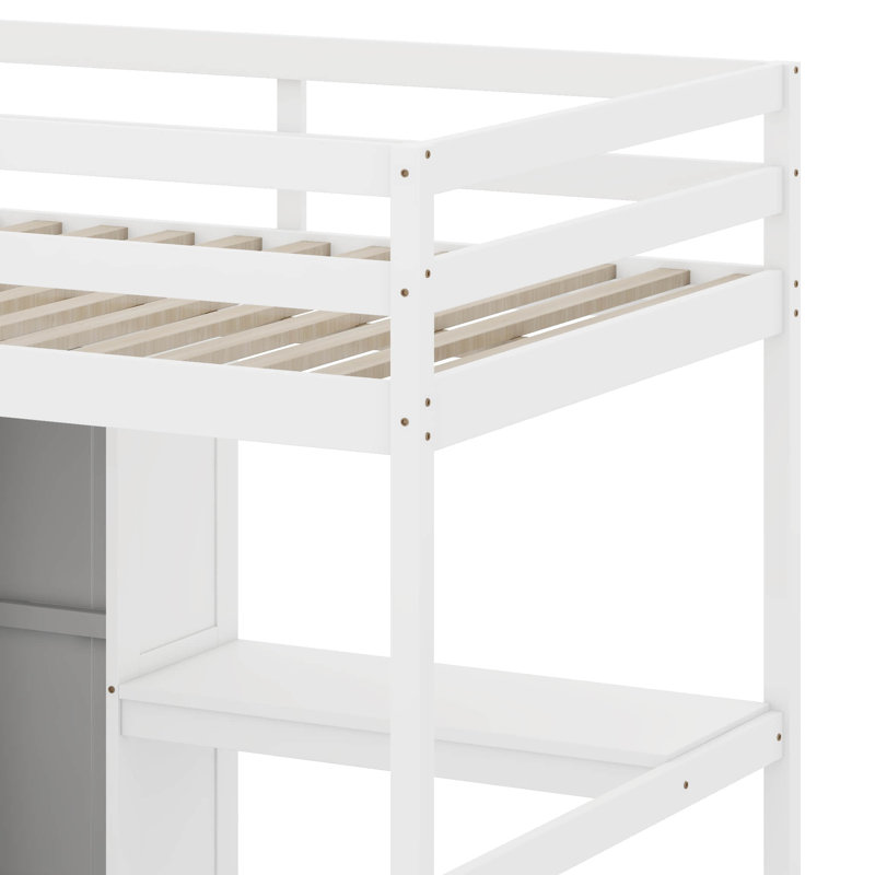 Lit mezzanine double en bois avec garde-robe intégrée, bureau, tablettes de rangement et tiroirs, Blanc