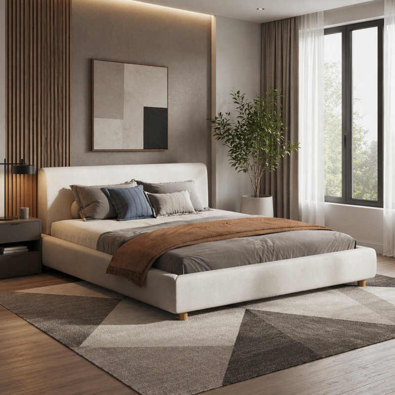 Structure de lit tapissier très grande avec tête de lit épaisse, structure de lit moderne en tissu avec support en lattes de bois