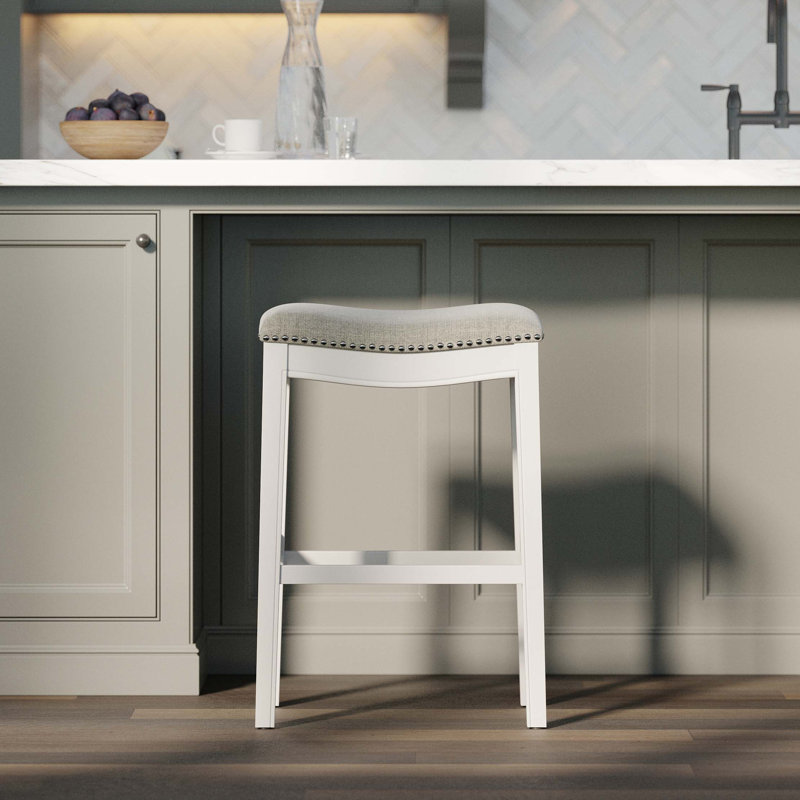Tabouret de bar en bois à hauteur de bar sans dossier avec garniture cloutée, Blanc