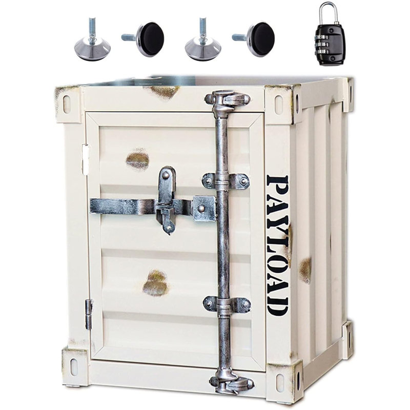 Trenecia Industrial Container Iron Block End Table with Storage Accent Chest, White