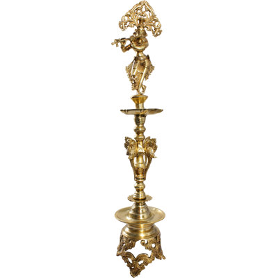 27" Large Fluting Krishna Brass Lamp - Handmade Indian Puja Oil Diya Statue Home Altar Decor