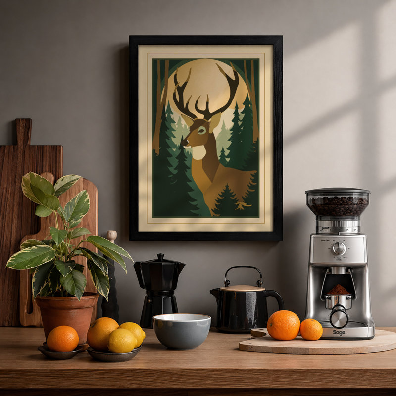 Forest Deer Scandinavian - Framed Print, A2 - 59.4 x 42.0 cm, Black