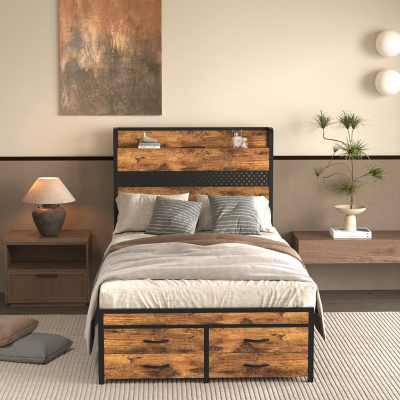 Twin Size Metal Bed Frame with Headboard and Storage Drawers, Black Platform Single Bed Frame, Heavy Duty Twin Bed No Box Spring Needed, Modern Metal Twin Bed Frame for Kids Teens Adults
