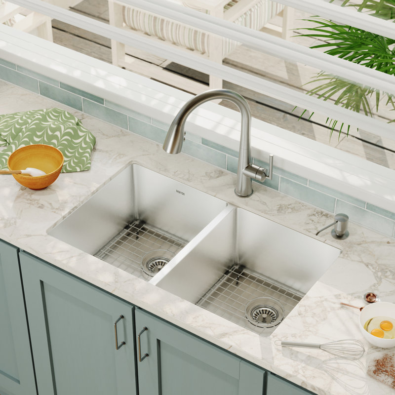 Karran Stainless Steel 32'' X 19'' Double Bowl 50/50 Undermount Kitchen Sink Kit