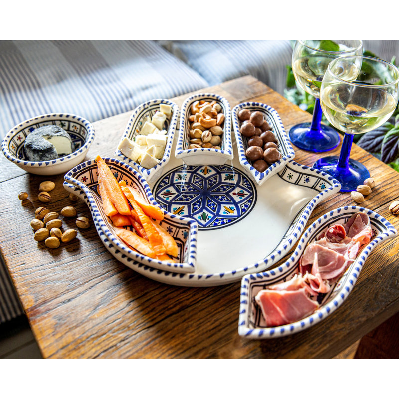 Dipper Handcrafted Bohemian Hamsa Ceramic Dipping and Serving Set - Versatile Mediterranean Decor, 2" H x 12" W x 12" D, Blue