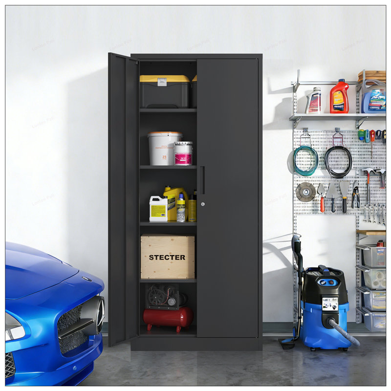 Durable Metal Garage Storage Cabinet with 4 Adjustable Shelves and 3-Point Locking System for Secure Organization, Black
