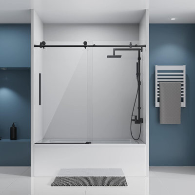Porte de douche coulissante 60 po, l 55-59 po, porte en verre brossé en acier inoxydable avec bande d'étanchéité et poignée