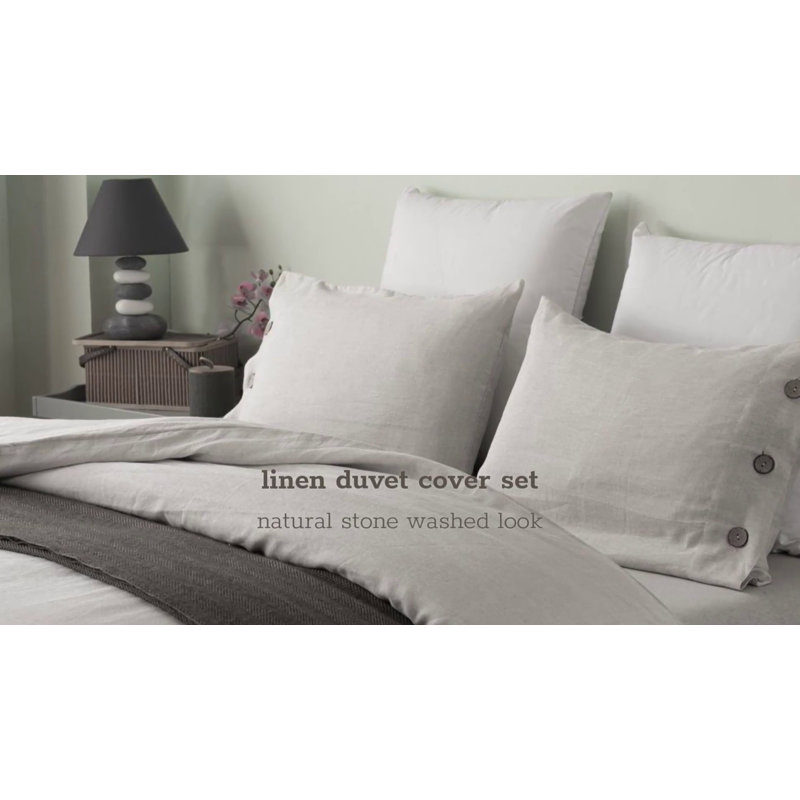 Charcoal Stone Washed Linen Queen Duvet Cover Set with Coconut Buttons