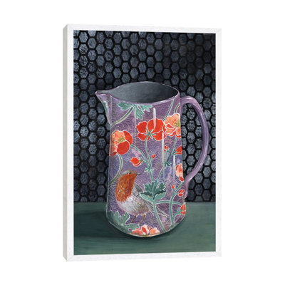 Violet Vase With Robin by Miri Eshet - Painting on Canvas