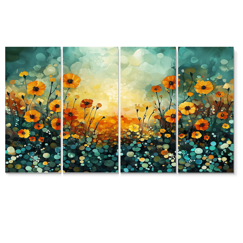 Coucher de soleil, champ de souci, superpositions de fleurs I - souci, ensemble de décorations murales traditionnelles, 4