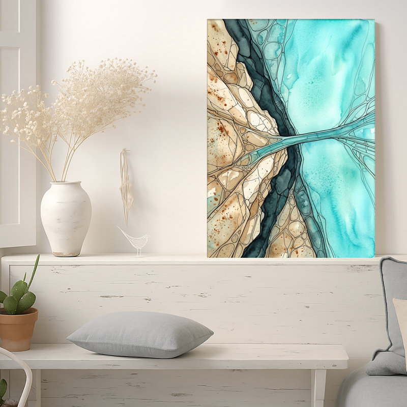 Aquarelle sur toile bleu sarcelle et beige, 40"H x 28"W