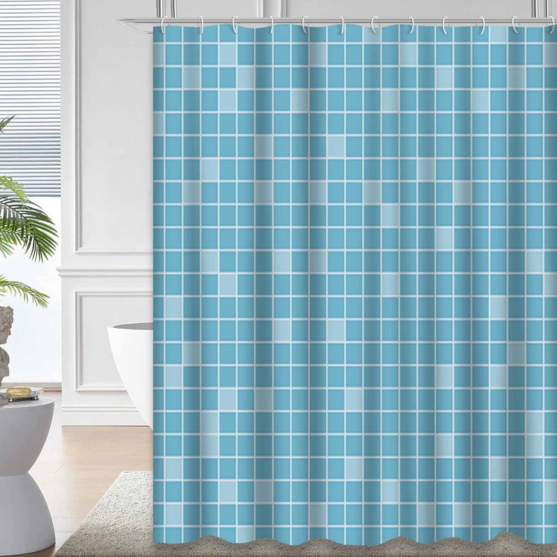 Rideau de douche à carreaux bleu abstrait avec 12 crochets, L 72 po x l 78 po
