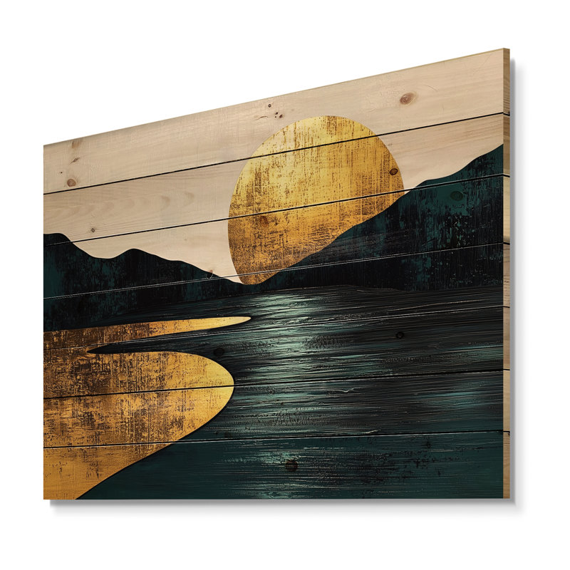 Rivière silencieuse audacieuse en harmonie dorée II - forêt et rivière, art mural sur bois de pin naturel