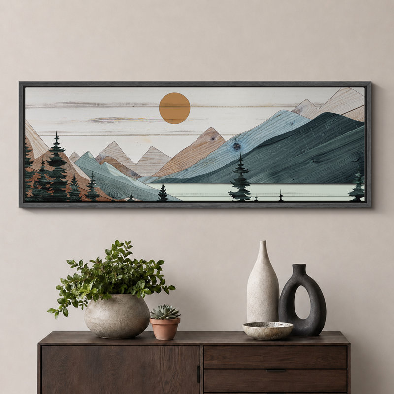 «Western Wood Effect Landscape Tranquil Wood Effect Mountain Sunset», reproduction sur toile, H 20 po x l 60 po, Noir