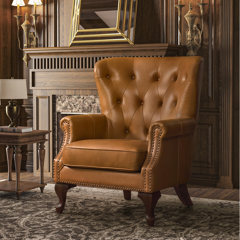 Ansumana 31.5" W Genuine Leather Wingback Armchair with Nailhead Trim, Camel Genuine Leather