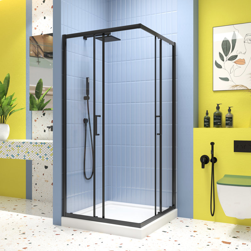Matte Black Sliding Shower Door, 1/4" Tempered Clear Glass, 34.625 In. X 72 -Angle Pivot Enclosure With Marvelous Stainless Steel Handle