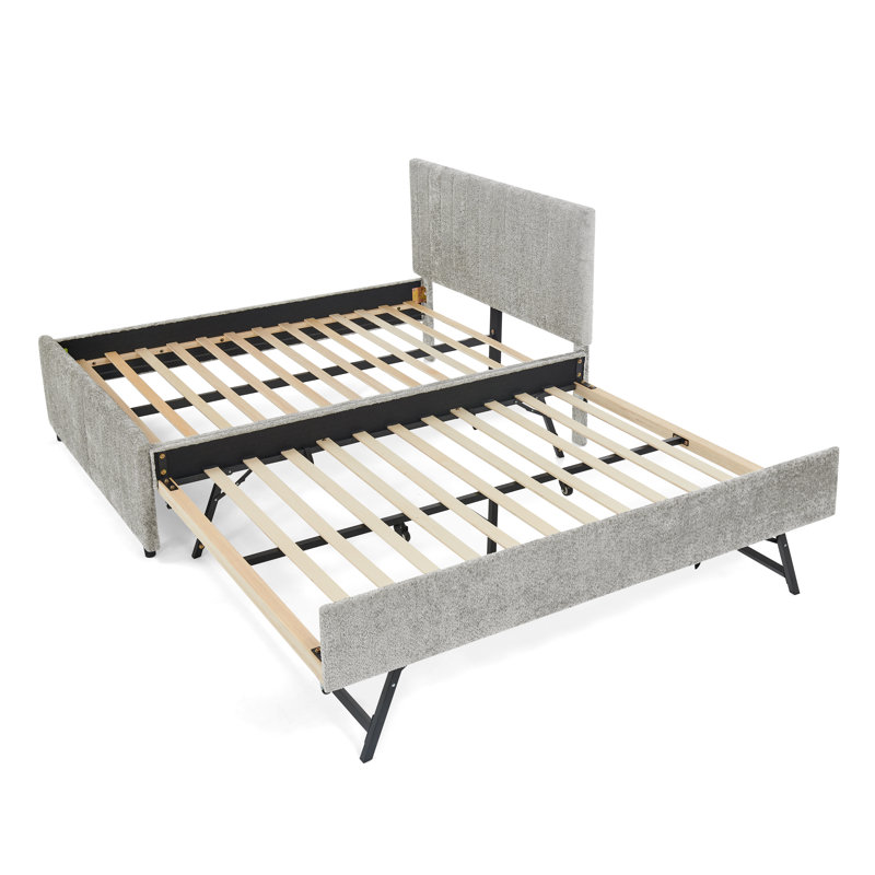 Lit double tapissier pleine grandeur à rayures verticales avec dossier haut rembourré, lit gigogne caché simple ou double pour chambre à coucher et chambre d'amis, chenille