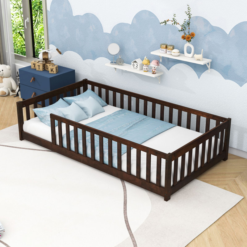 Twin Wooden Floor Bed With Guardrails And Slats, Espresso
