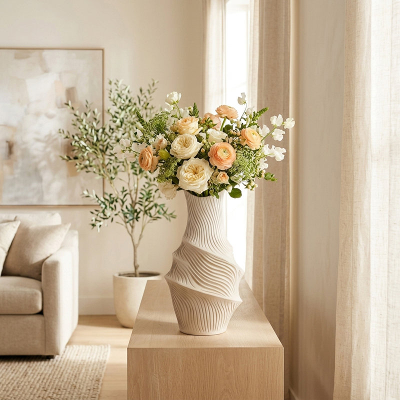 Modern Sculptural Novelty Resin Twisted Form Table Vase for Home Tabletop Decor - Tall Flower Vase Accent for Living Room or Console Display - Ivory & Tan