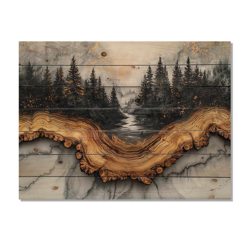 Paysage de forêt hivernale avec rivière Crystal II - décoration murale en bois forêt - sur bois de pin naturel